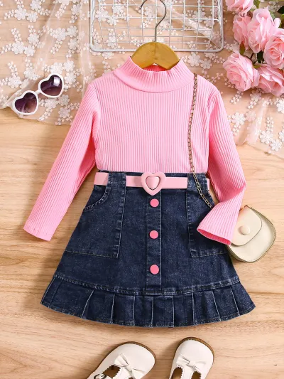 Kids Toddler Girls Fashion Casual Cute Solid Color Long Sleeve Turtle Neck Knitted Top Denim Skirt Set
