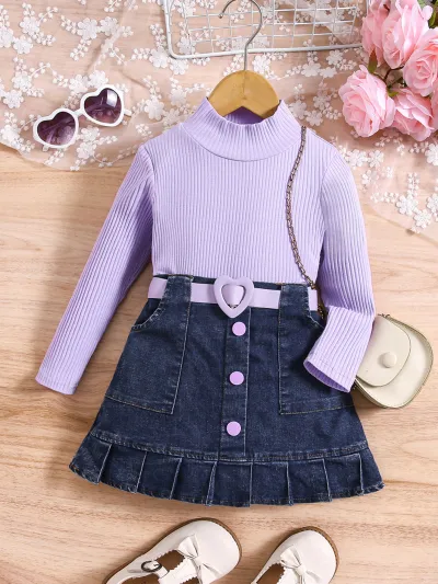 Kids Toddler Girls Fashion Casual Cute Solid Color Long Sleeve Turtle Neck Knitted Top Denim Skirt Set