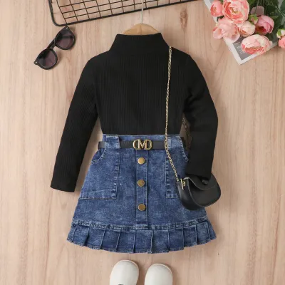 Kids Toddler Girls Fashion Casual Cute Solid Color Long Sleeve Turtle Neck Knitted Top Denim Skirt Set