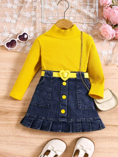 Kids Toddler Girls Fashion Casual Cute Solid Color Long Sleeve Turtle Neck Knitted Top Denim Skirt Set