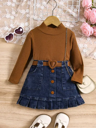 Kids Toddler Girls Fashion Casual Cute Solid Color Long Sleeve Turtle Neck Knitted Top Denim Skirt Set