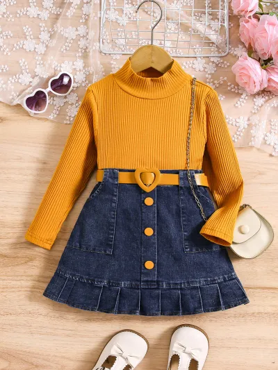 Kids Toddler Girls Fashion Casual Cute Solid Color Long Sleeve Turtle Neck Knitted Top Denim Skirt Set
