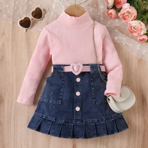 Kids Toddler Girls Fashion Casual Cute Solid Color Long Sleeve Turtle Neck Knitted Top Denim Skirt Set
