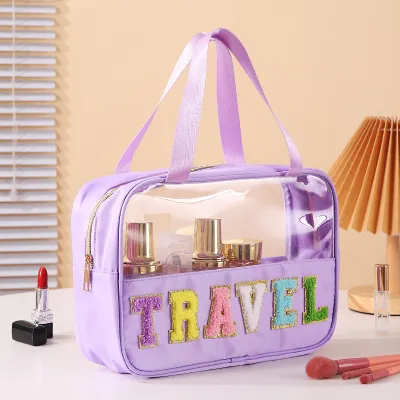 Fashion Transparent PVC Embroidery Letter Cosmetic Bag Solid Color Polyester