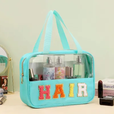 Fashion Transparent PVC Embroidery Letter Cosmetic Bag Solid Color Polyester