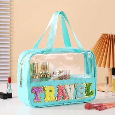 Fashion Transparent PVC Embroidery Letter Cosmetic Bag Solid Color Polyester