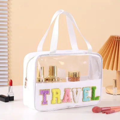 Fashion Transparent PVC Embroidery Letter Cosmetic Bag Solid Color Polyester