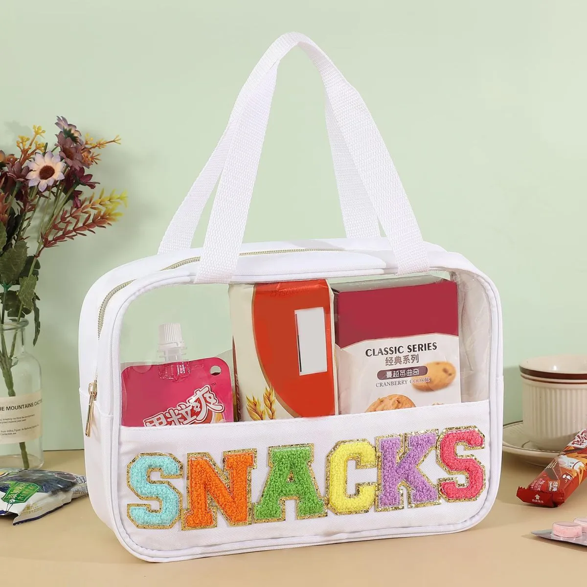Fashion Transparent PVC Embroidery Letter Cosmetic Bag Solid Color Polyester