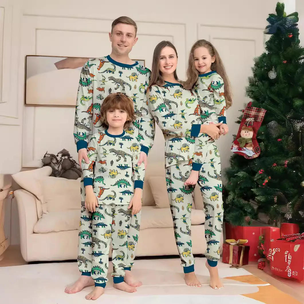 Cartoon Christmas Dinosaur Print Round Neck Long Sleeve Top Pants Home Parent-Child Pajamas Set