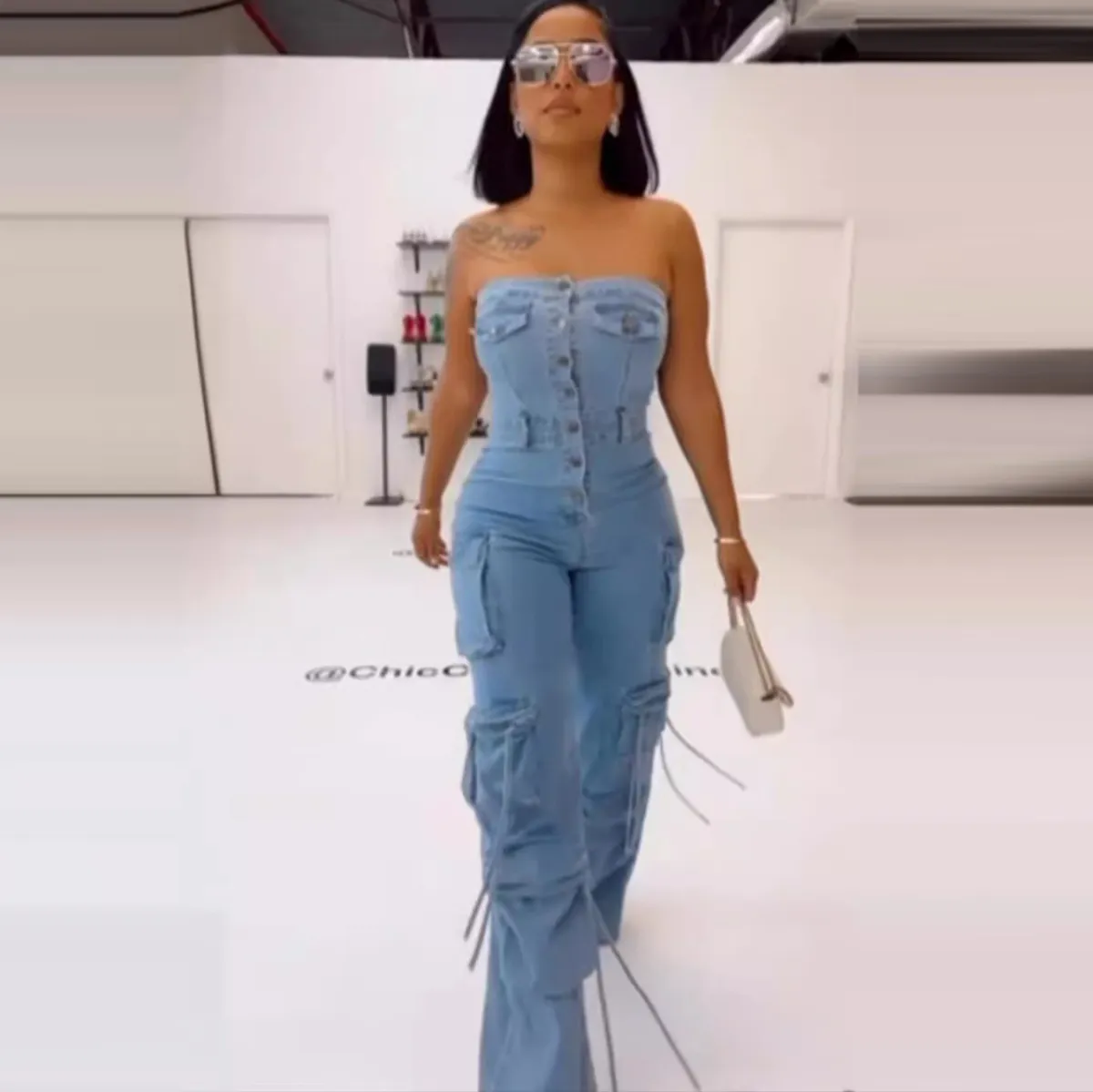 Women Fashion Sexy Denim Tube Top Multi-Pocket Jumpsuits