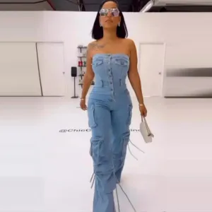 Women Fashion Sexy Denim Tube Top Multi-Pocket Jumpsuits