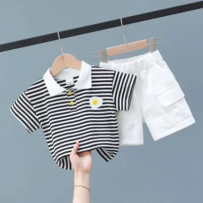 Kids Toddler Boys Casual Stripe Print Short Sleeve Lapel Polo Shirt and Shorts Set