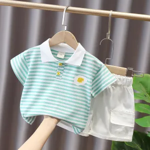 Kids Toddler Boys Casual Stripe Print Short Sleeve Lapel Polo Shirt and Shorts Set
