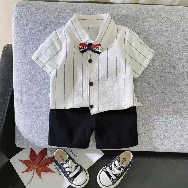 Kids Toddler Boys Casual Stripe Print Short Sleeve Lapel Shirt Shorts Set