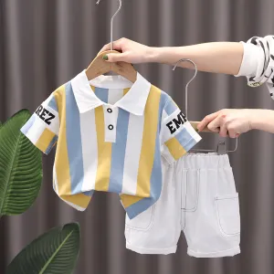 Kids Toddler Boys Casual Stripe Letters Print Short Sleeve Lapel POLO Shirt Shorts Set