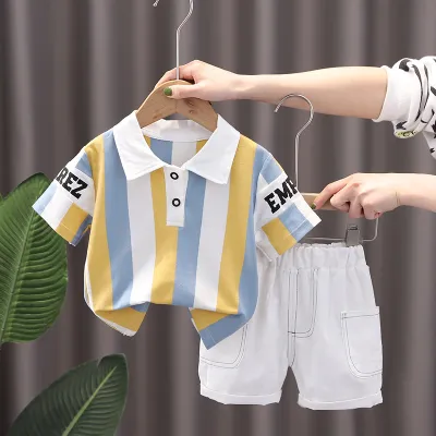 Kids Toddler Boys Casual Stripe Letters Print Short Sleeve Lapel POLO Shirt Shorts Set