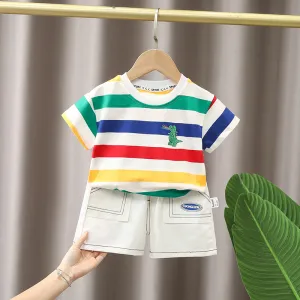 Kids Toddler Boys Casual Rainbow Stripe Crocodile Print Short Sleeve T-Shirt Shorts Set Outfit