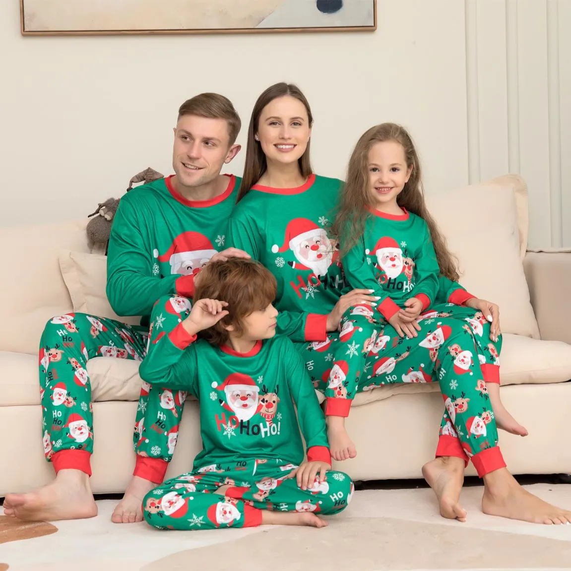 Christmas Cartoon Cute Santa Claus Print Round Neck Long Sleeve Top Pants Home Parent-Child Pajamas Set