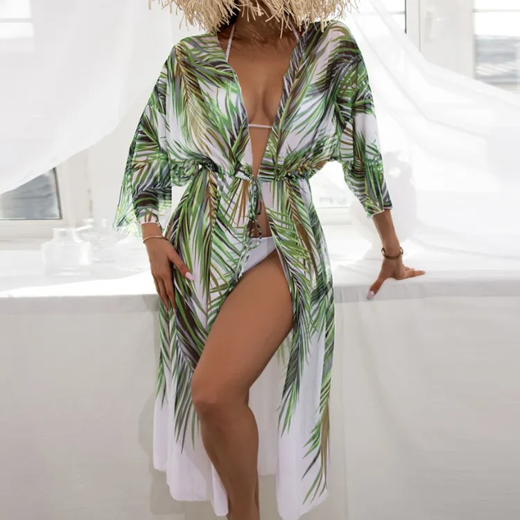 Summer Long Blouse Swimwear Cardigan Leaf Printed Beach Sunscreen Cover-Up