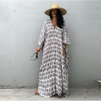 Women Boho Beach Blouse Front And Back V-Neck Loose Robe-Style Seaside Vacation Dress Coverup