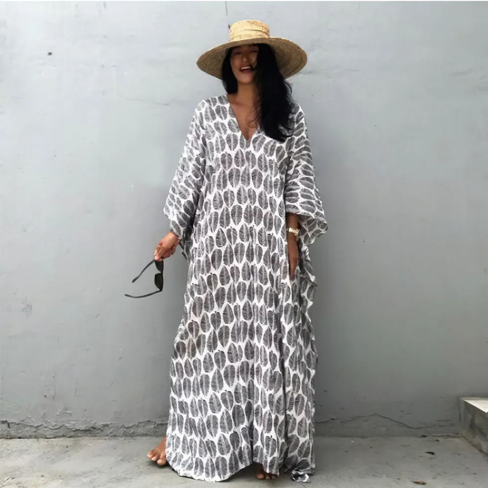 Women Boho Beach Blouse Front And Back V-Neck Loose Robe-Style Seaside Vacation Dress Coverup