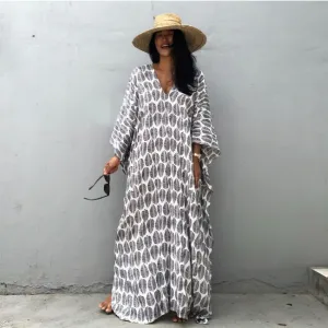 Women Boho Beach Blouse Front And Back V-Neck Loose Robe-Style Seaside Vacation Dress Coverup
