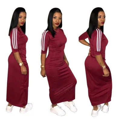 Women Casual Fashion White Stripe Short Sleeve Maxi Dress