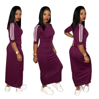 Women Casual Fashion White Stripe Short Sleeve Maxi Dress