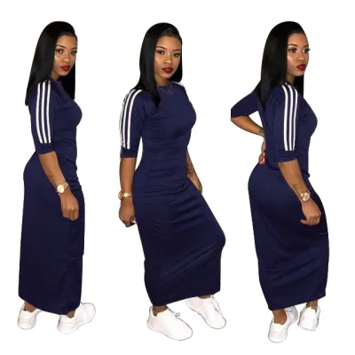 Women Casual Fashion White Stripe Short Sleeve Maxi Dress