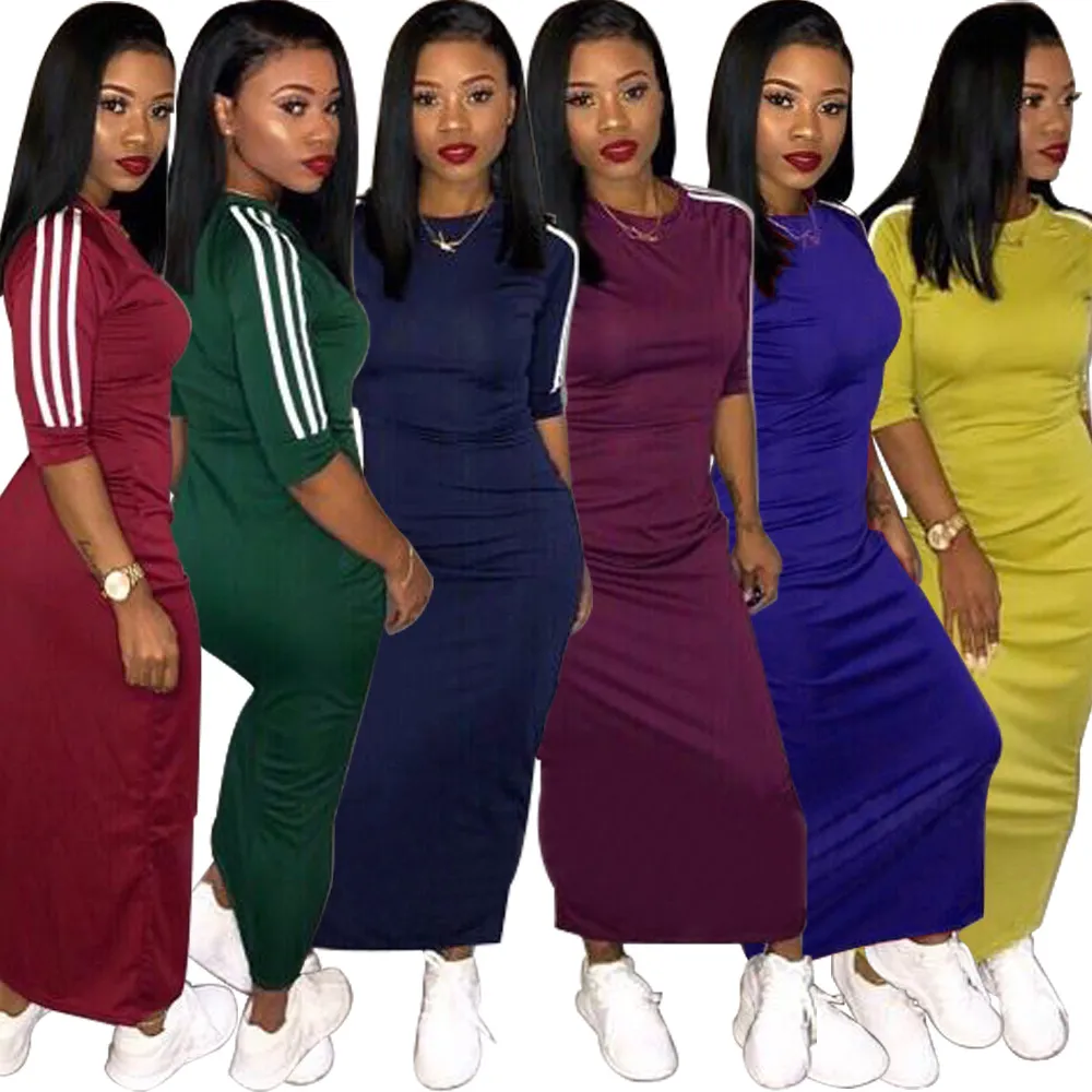 Women Casual Fashion White Stripe Short Sleeve Maxi Dress