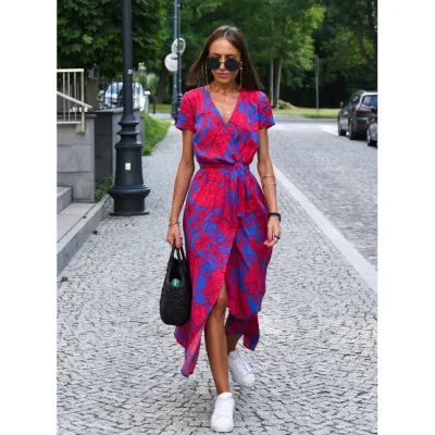 Women Casual Summer V-Neck Printed Lace-Up Surplice Short Sleeve Maxi Dress