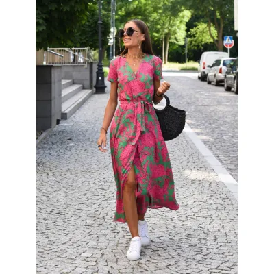 Women Casual Summer V-Neck Printed Lace-Up Surplice Short Sleeve Maxi Dress