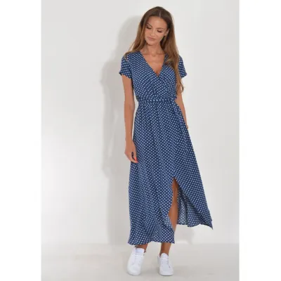Women Casual Summer V-Neck Printed Lace-Up Surplice Short Sleeve Maxi Dress