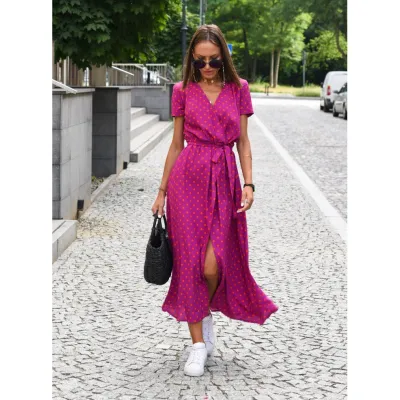 Women Casual Summer V-Neck Printed Lace-Up Surplice Short Sleeve Maxi Dress