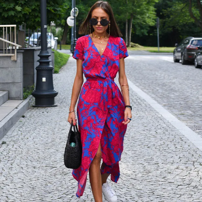 Women Casual Summer V-Neck Printed Lace-Up Surplice Short Sleeve Maxi Dress