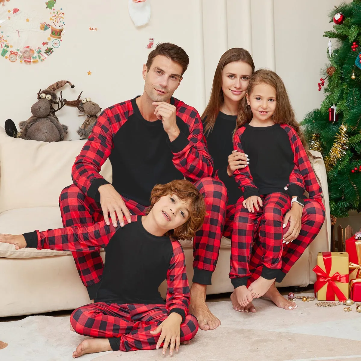 Simple Christmas Plaid Print Round Neck Long Sleeve Top Pants Home Parent-Child Pajamas Set