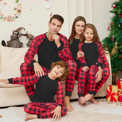 Simple Christmas Plaid Print Round Neck Long Sleeve Top Pants Home Parent-Child Pajamas Set