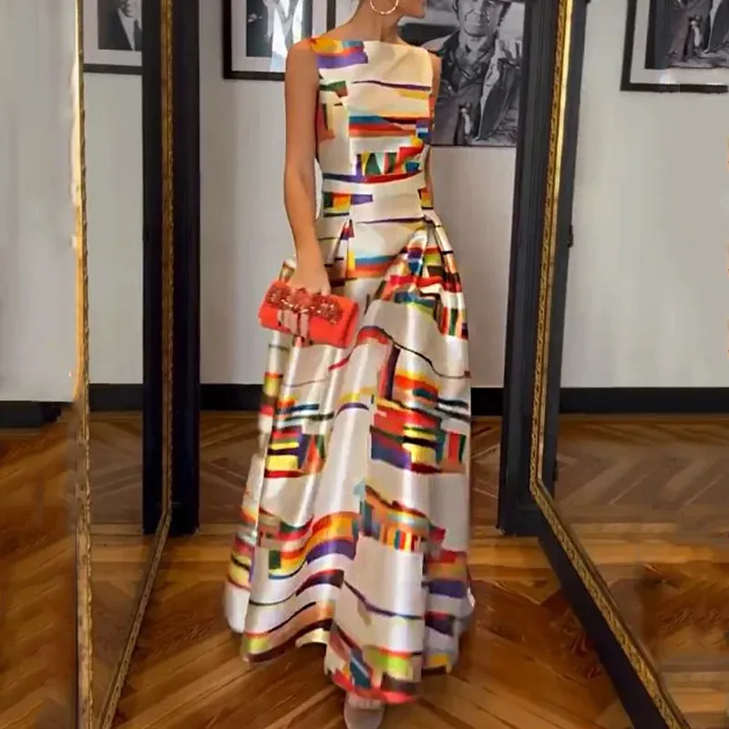 Autumn Fashion Casual Graphic Printing Defined Waist Slim Sleeveless Elegant Maxi Dress