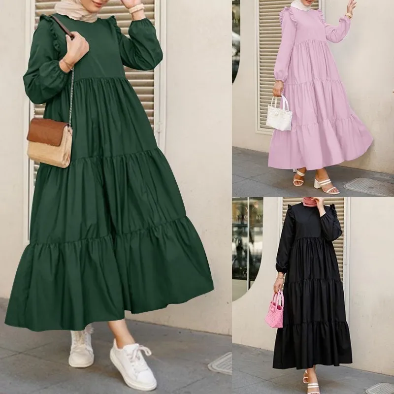 Plus Size Muslim Ruffled Long Sleeves Pleated Hem Solid Color Crewneck Women Casual Maxi Dress