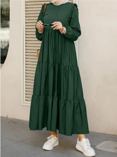 Plus Size Muslim Ruffled Long Sleeves Pleated Hem Solid Color Crewneck Women Casual Maxi Dress