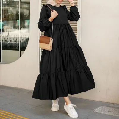 Plus Size Muslim Ruffled Long Sleeves Pleated Hem Solid Color Crewneck Women Casual Maxi Dress