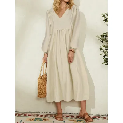 Women Casual Cotton Linen Loose Lantern Sleeve V Neck Maxi Dress