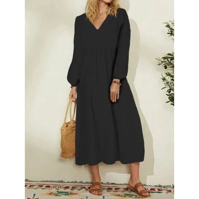 Women Casual Cotton Linen Loose Lantern Sleeve V Neck Maxi Dress