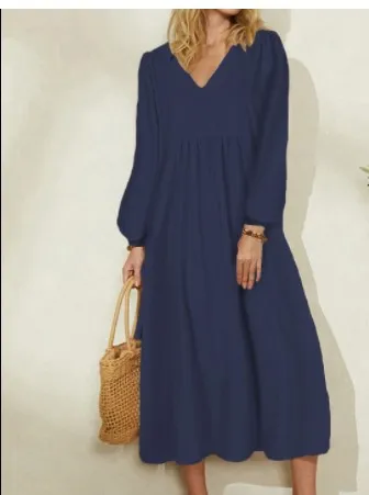 Women Casual Cotton Linen Loose Lantern Sleeve V Neck Maxi Dress