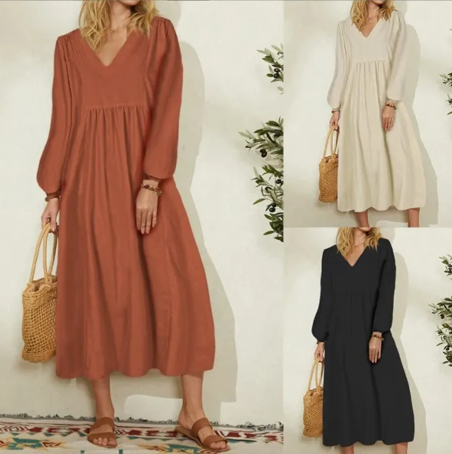 Women Casual Cotton Linen Loose Lantern Sleeve V Neck Maxi Dress