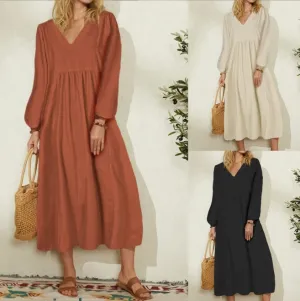 Women Casual Cotton Linen Loose Lantern Sleeve V Neck Maxi Dress