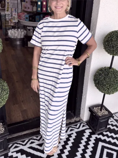 Women Casual Side Pocket Stripe Round Neck Side-Slit Short Sleeve Maxi Dress