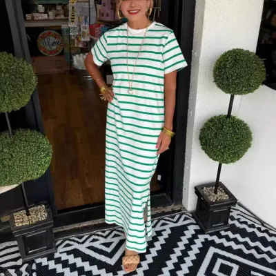 Women Casual Side Pocket Stripe Round Neck Side-Slit Short Sleeve Maxi Dress