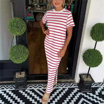 Women Casual Side Pocket Stripe Round Neck Side-Slit Short Sleeve Maxi Dress
