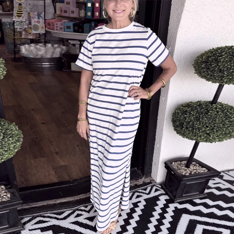 Women Casual Side Pocket Stripe Round Neck Side-Slit Short Sleeve Maxi Dress